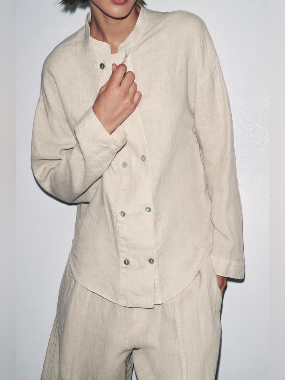 ZARA 100% LINEN Shirt JACKET Round Collar Long Sleeves LIGHT BEIGE Size Medium
